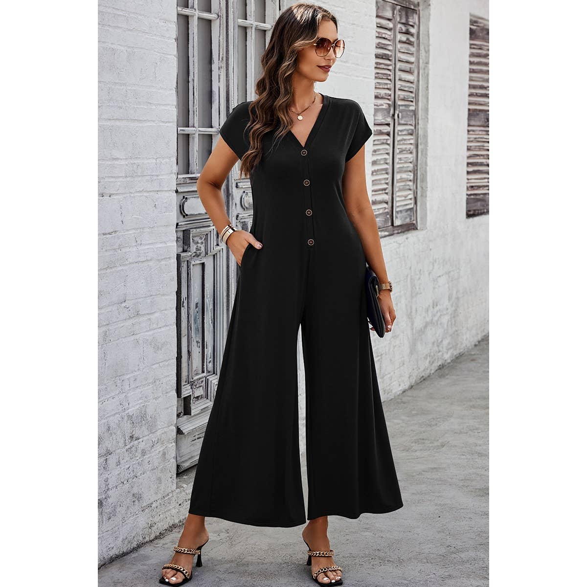 Wide Leg Button Trim Pockets V Neck Jumpsuit