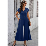 Wide Leg Button Trim Pockets V Neck Jumpsuit