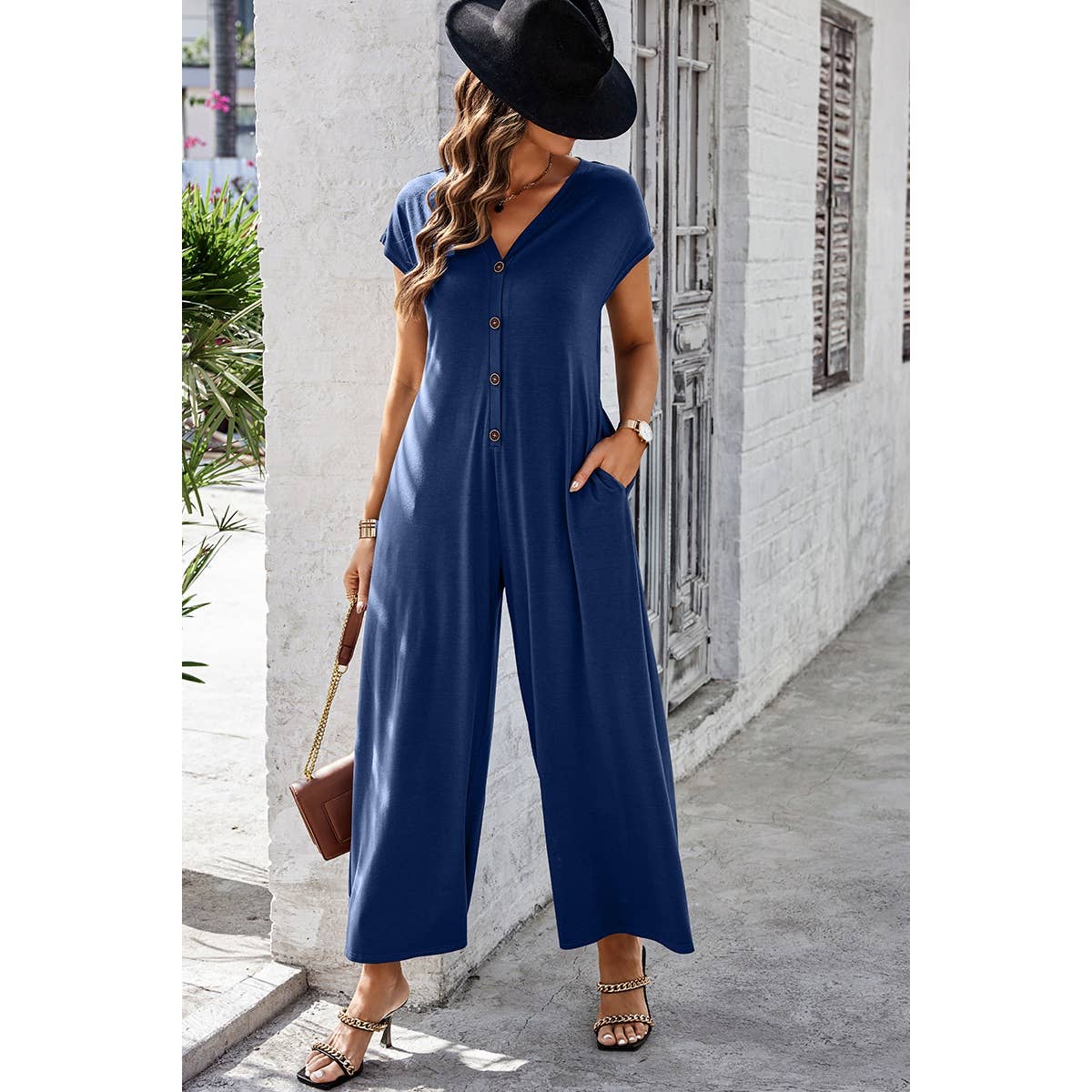 Wide Leg Button Trim Pockets V Neck Jumpsuit