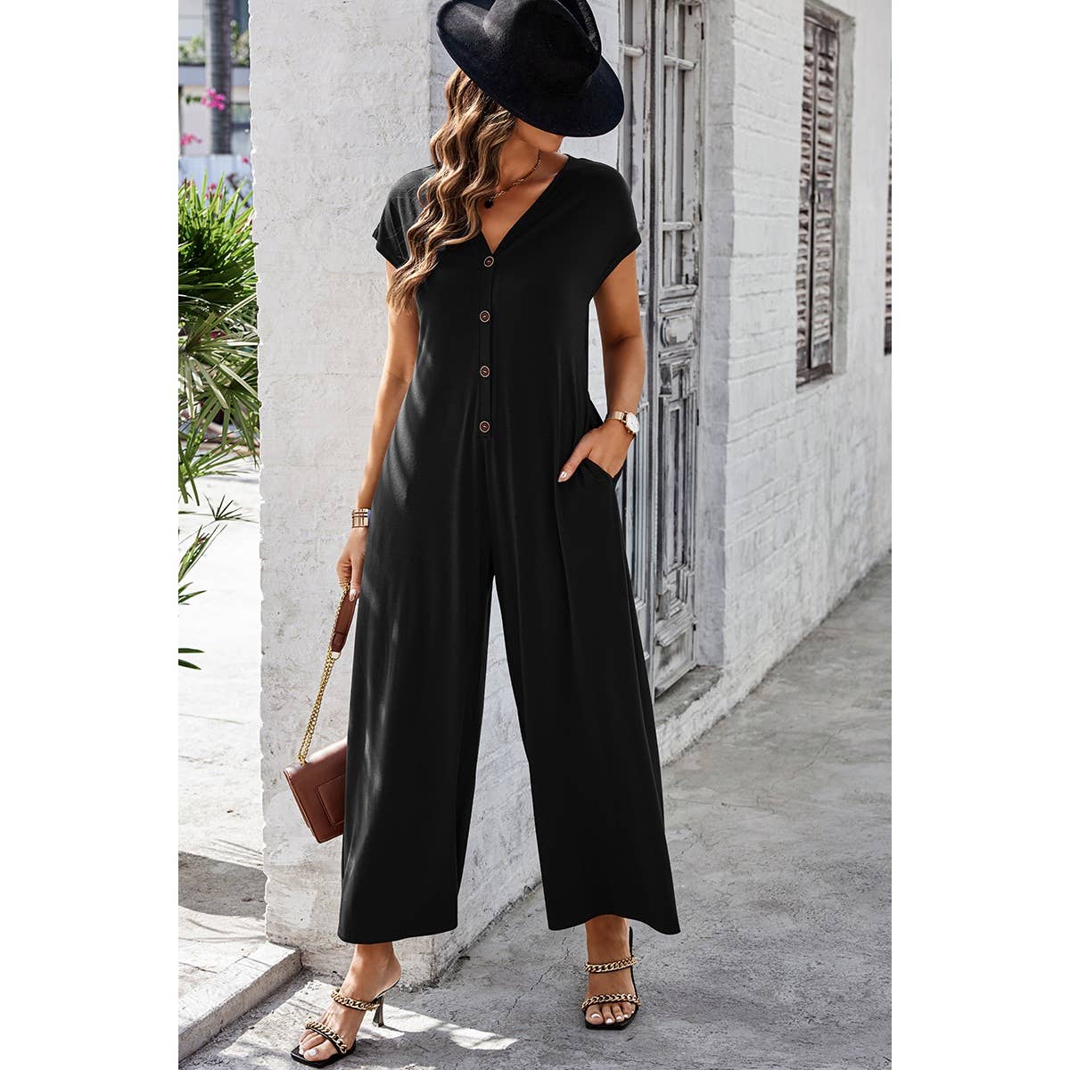 Wide Leg Button Trim Pockets V Neck Jumpsuit