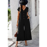 Wide Leg Button Trim Pockets V Neck Jumpsuit