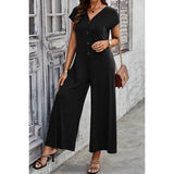 Wide Leg Button Trim Pockets V Neck Jumpsuit