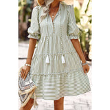 Stripe V Neck Button Puff Sleeves High Waist Dress | Dress - Women's | above the knee, Dress | Elings