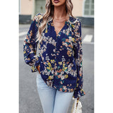 Floral Print Button Hem Ruffle Sleeves Lined Top | Blouse - Women's | long sleeve top, tops | Elings