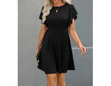 Crew Neck Ruffled Short Sleeve Solid Dress | Dress - Women's | 523, above the knee, Dress | Elings