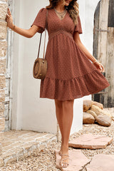 Textured Dotted V Neck Crochet Waist Dress