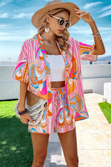 Graphic Print Drop Shoulder Blouse Tie Front Shorts