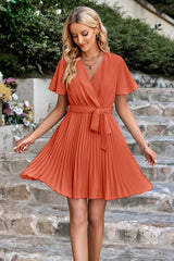 Cross V Neck Belt Ruched Hem Solid Dress