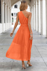 Solid Lined Wrinkle One Shoulder Sleeveless Dress