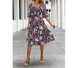 Floral Print Square Neck Elastic Sleeves Ruched Dress | Dress - Women's | Dress, midi dress | Elings