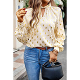 Dot Print Cut Out Loose Fit Mock Neck Blouse | Blouse - Women's | long sleeve top | Elings