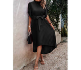 High Neckline Open Sleeve Ruched Solid Knot Belt Dress | Dress - Women's | Dress, midi dress | Elings