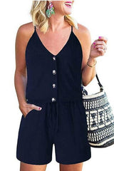 V Neck Button Down Drawstring Romper