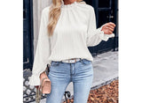 Ruffled Mock Neck Flounce Sleeve Loose Fit Blouse | Blouse - Women's | long sleeve top, tops | Elings