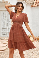 Textured Dotted V Neck Crochet Waist Dress