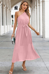 Solid Lined Wrinkle One Shoulder Sleeveless Dress