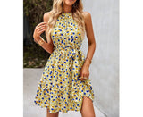 Halter Floral Print Sleeveless Fit Ruffle Dress | Dress - Women's | above the knee, Dress | Elings