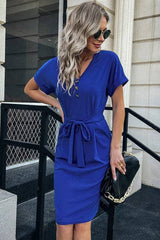 Pocketed V Neck Belted Dress | Dress - Women's | 2023, above the knee, Dress, Just arrived | Elings