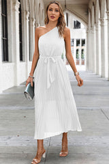 Solid Lined Wrinkle One Shoulder Sleeveless Dress