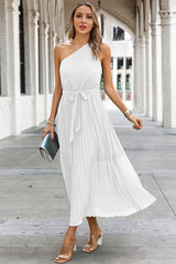 Solid Lined Wrinkle One Shoulder Sleeveless Dress