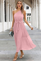 Solid Lined Wrinkle One Shoulder Sleeveless Dress