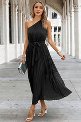 Solid Lined Wrinkle One Shoulder Sleeveless Dress