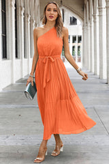 Solid Lined Wrinkle One Shoulder Sleeveless Dress