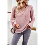 Solid Knit Pocket V Neck Loose Fit Top | Blouse - Women's | long sleeve top, tops | Elings