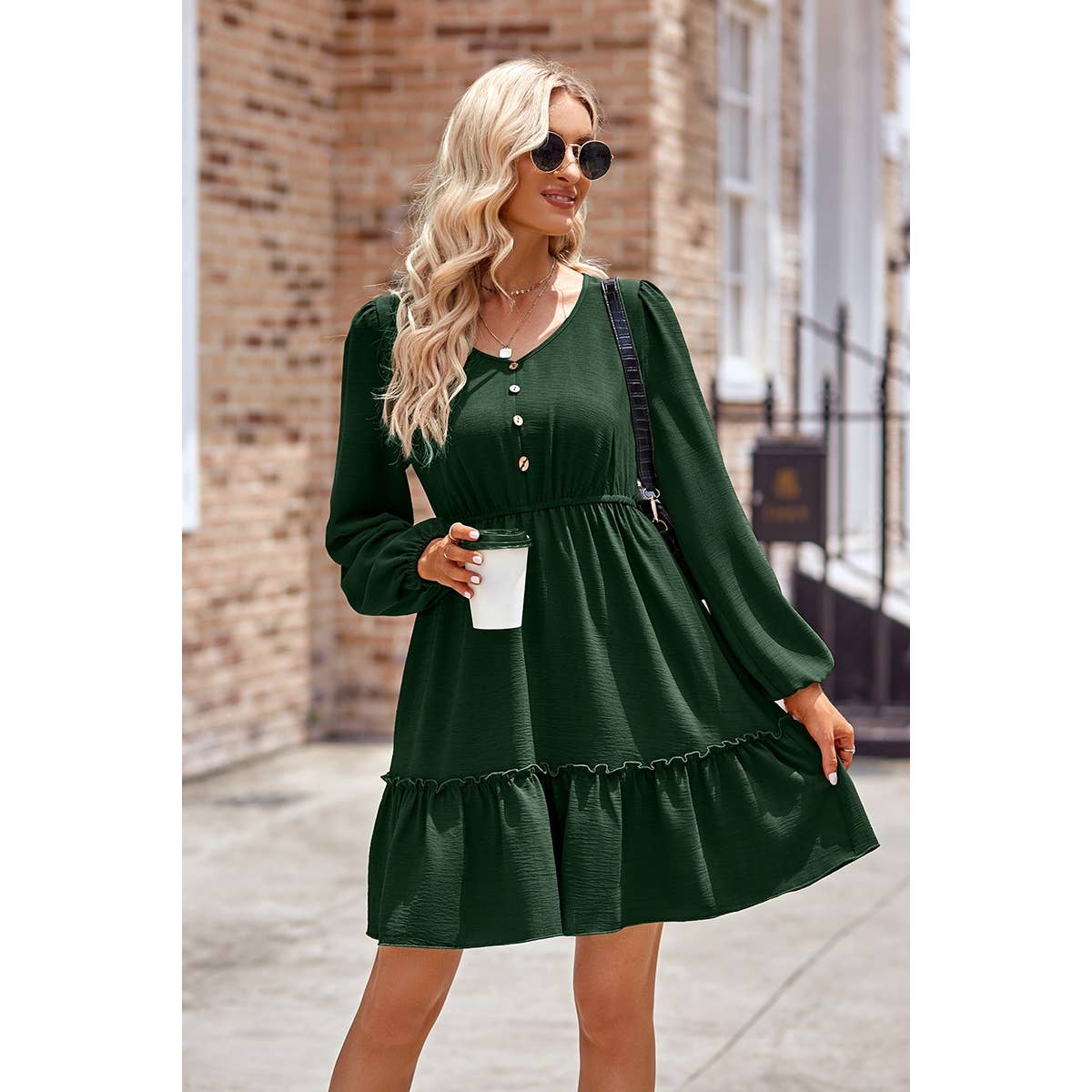 Button Puff Sleeve Hem Ruffle High Waist Dress | Elings