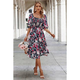 Floral Print Square Neck Elastic Sleeves Ruched Dress | Dress - Women's | Dress, midi dress | Elings