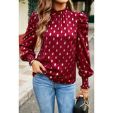 Dot Print Puff Sleeves Mock Neck Loose Fit Blouse | Blouse - Women's | long sleeve top | Elings