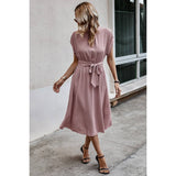 High Neckline Solid Knot Belt Pockets Fit Dress | Dress - Women's | Dress, midi dress | Elings