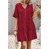 V Neck Button Hem Ruffle Solid Loose Fit Dress | Dress - Women's | 523, above the knee, Dress | Elings