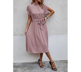 High Neckline Solid Knot Belt Pockets Fit Dress | Dress - Women's | Dress, midi dress | Elings