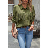 Solid Button Front Open Tassel Fit Blouse | Blouse - Women's | long sleeve top | Elings