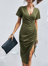 Elegant V-Neck Ruched Midi Dress | Dress - Women's | 2023, bodycon, Dress, midi dress, New Arrivals | Elings