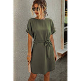 Round Neck Solid Tie Waist Dress | Dress - Women's | 2024, above the knee, Dress | Elings