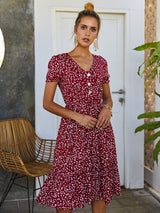 Floral Elegance V Neck Button Dress