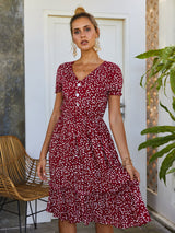 Floral Elegance V Neck Button Dress