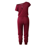 One Shoulder Off Shoulder Drawstring Straight Leg Solid Women Jumpsuit