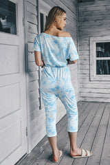 One Shoulder Printed Short Sleeve Drawstring Jumpsuit