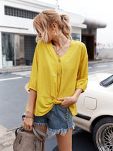 Vibrant V Neck Ruffle Button Down Top