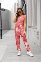 Sleeveless Tie Dye Scoop Neck Tie Waist Pockets Elastic Waist Drawstring Jumpsuit