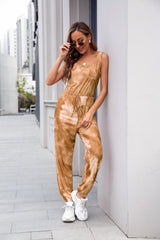 Sleeveless Tie Dye Scoop Neck Tie Waist Pockets Elastic Waist Drawstring Jumpsuit