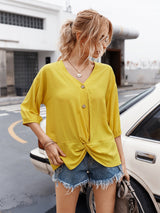 Vibrant V Neck Ruffle Button Down Top