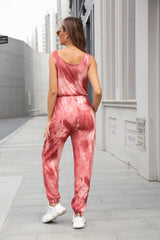 Sleeveless Tie Dye Scoop Neck Tie Waist Pockets Elastic Waist Drawstring Jumpsuit