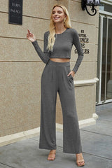 Crew Neck Solid Long Sleeve Top and Pants Set