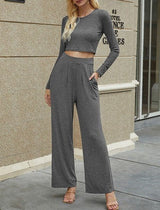 Crew Neck Solid Long Sleeve Top and Pants Set | set | 2023, New Arrivals, Sets | Elings