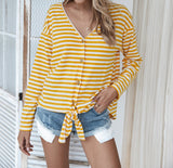 Striped Chic V Neck Button Trim Top | Casual Woven Top - Women's | 2023, long sleeve top, New Arrivals, Top, tops | Elings