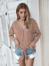 Striped Chic V Neck Button Trim Top